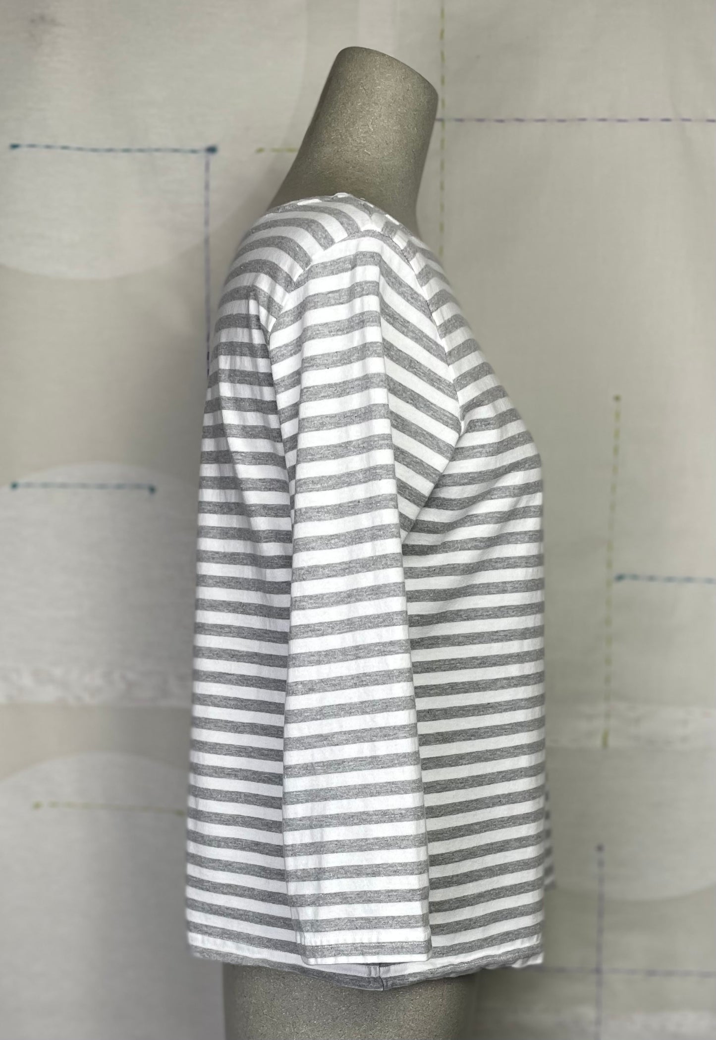 Cut Loose  ~ Striped 3/4 Sleeve Boatneck Tee-Gray/White