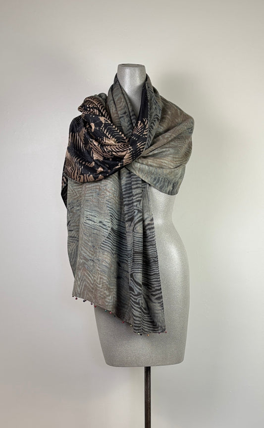 Neeru Kumar  ~  Wool + Silk Scarf - Greens/Black/Tan