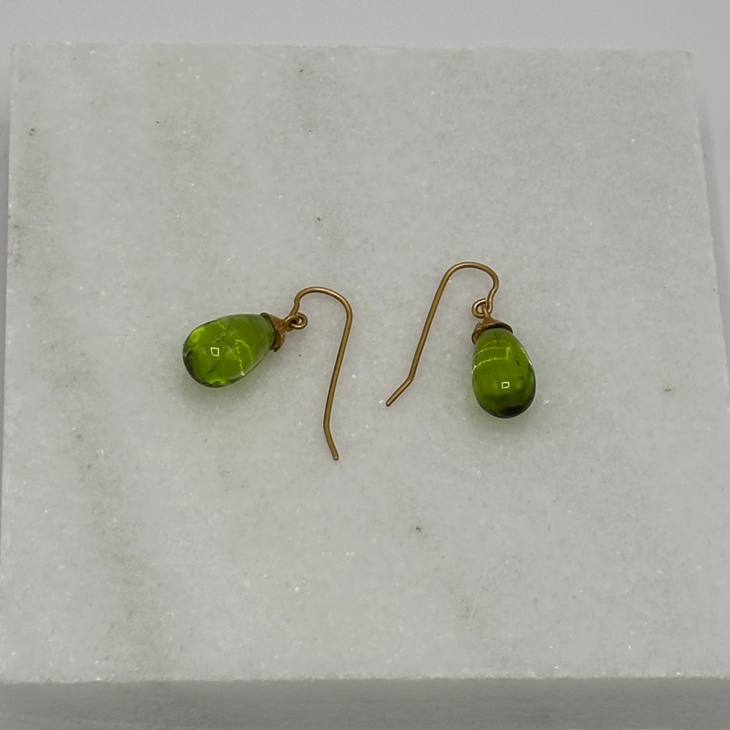 Rebecca Brenner Jewelry  ~  Tear Drop Cabochon Peridot Earrings on 14K Gold Wires