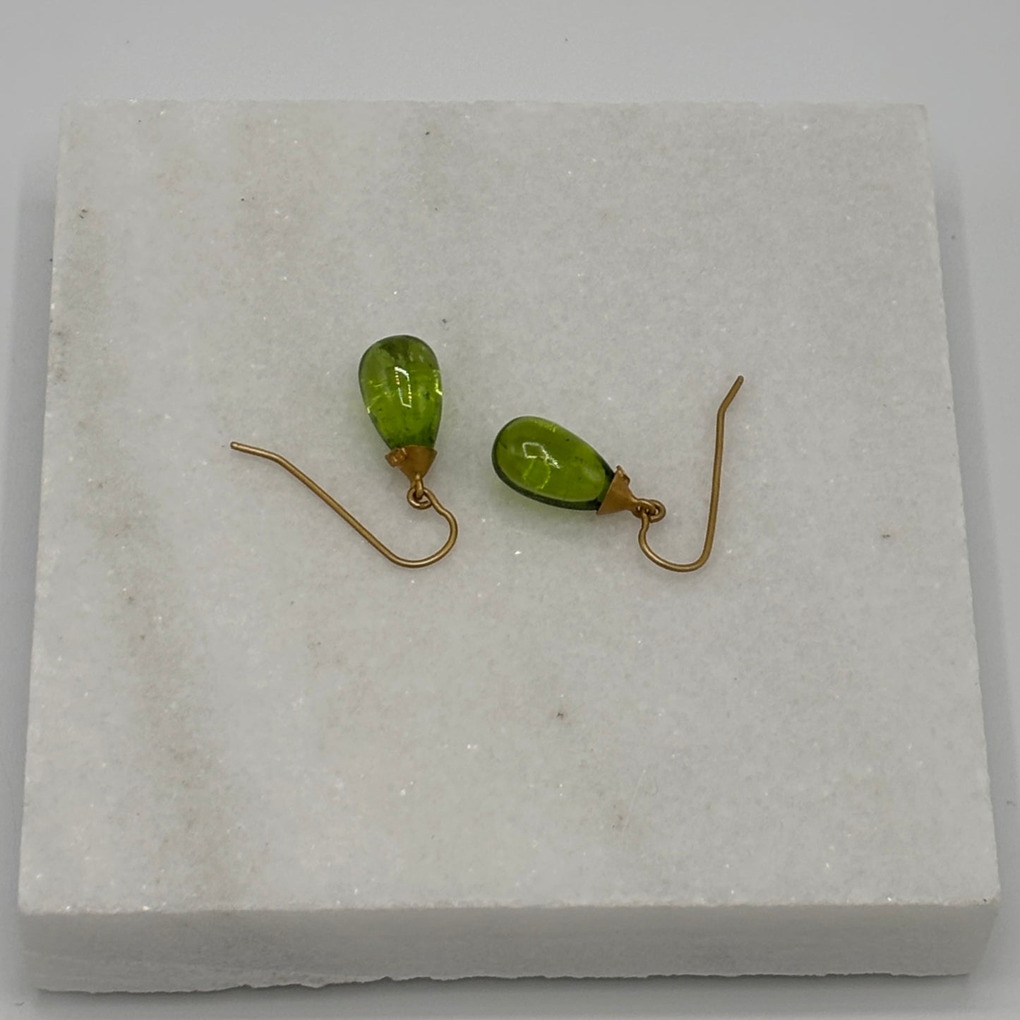Rebecca Brenner Jewelry  ~  Tear Drop Cabochon Peridot Earrings on 14K Gold Wires