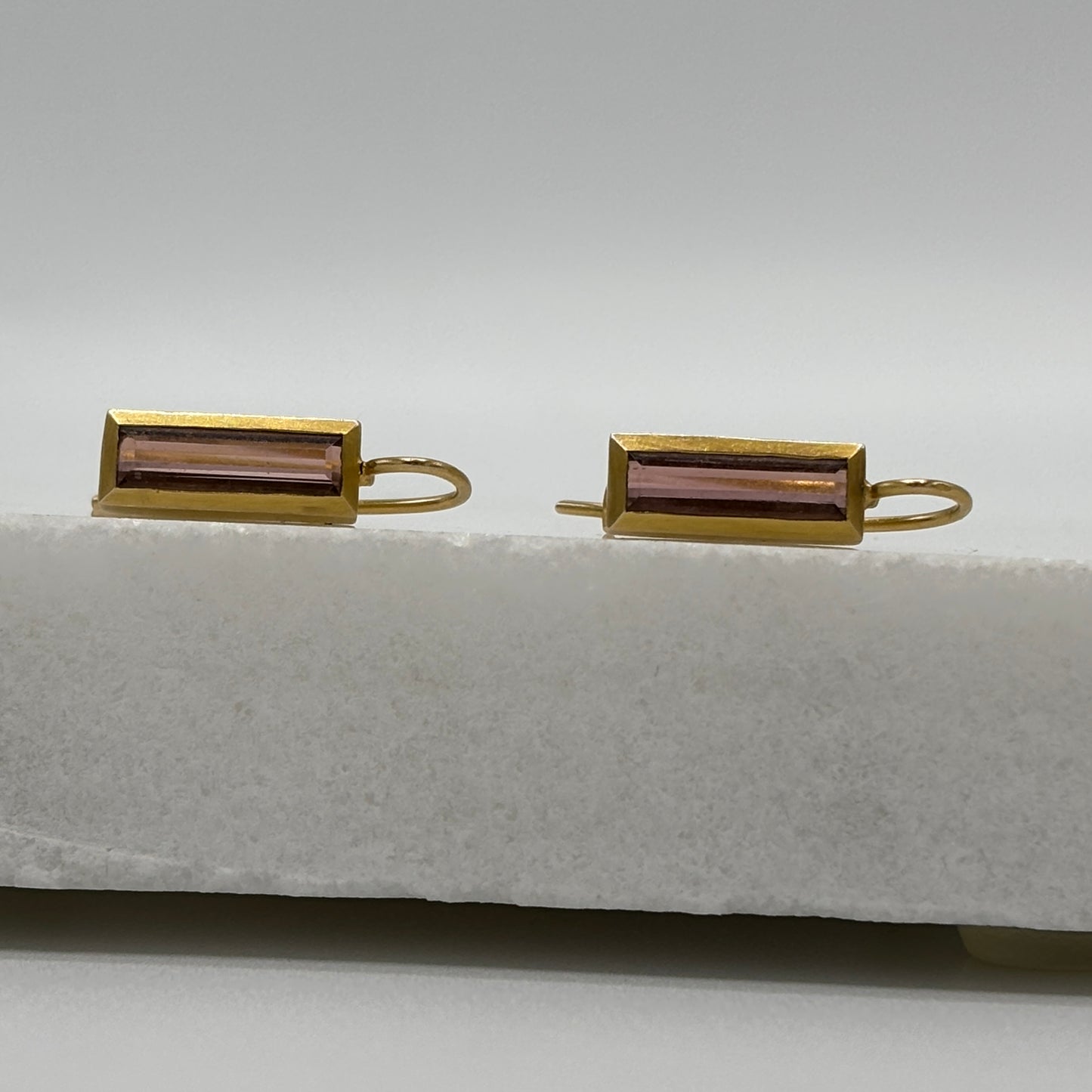 Rebecca Brenner Jewelry  ~  Pink Tourmaline Earrings in 14K Gold Bezels