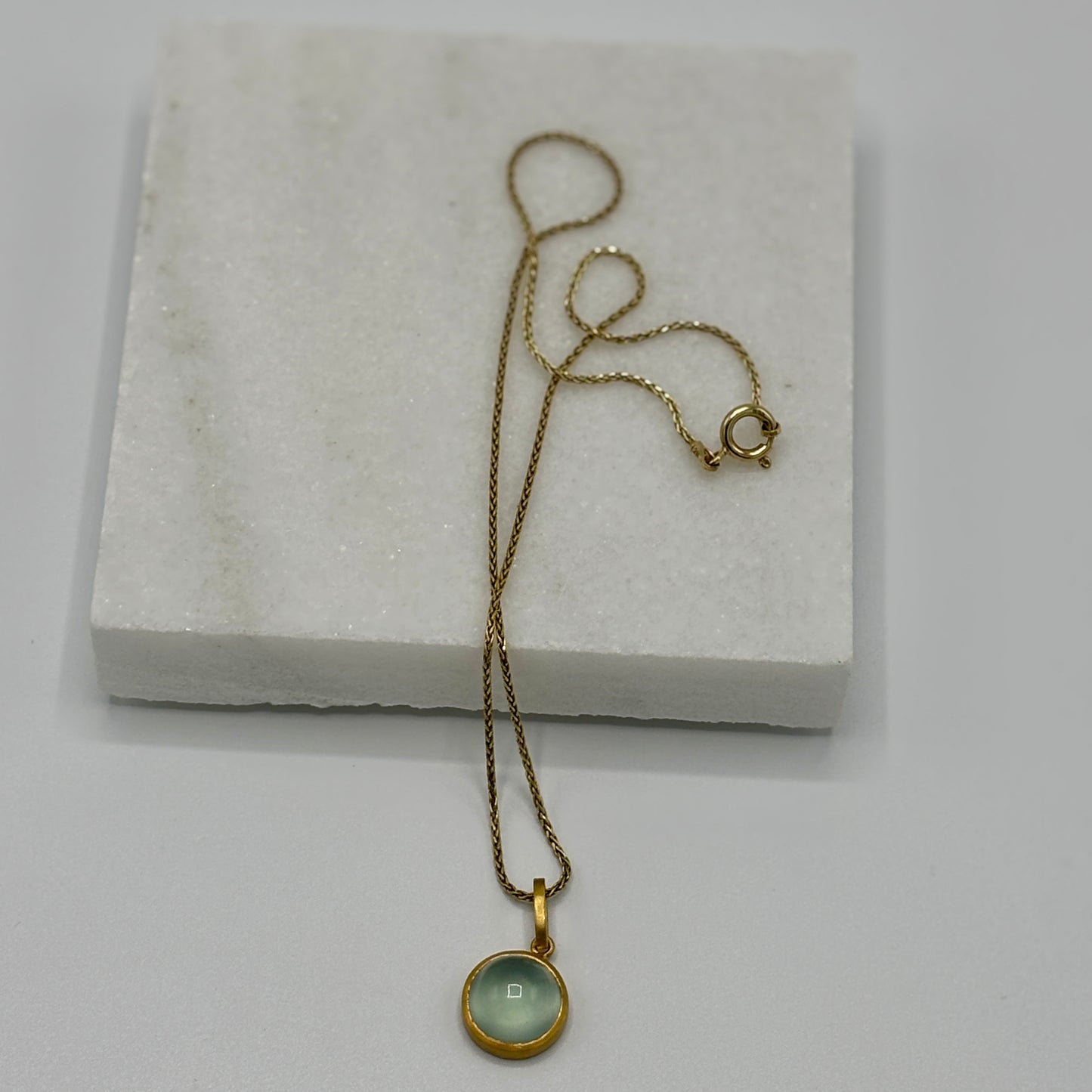 Rebecca Brenner Jewelry  ~  Cabochon Prehnite on Vintage 14K Gold Chain