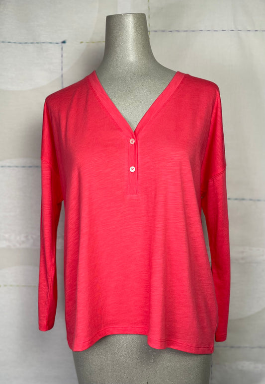 Lilla P. ~  Easy V-Neck Henley - Flamingo