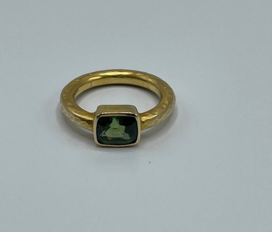 Rebecca Brenner Jewelry  ~  14K Hammered Gold Ring with Bezel Set Green Tourmaline