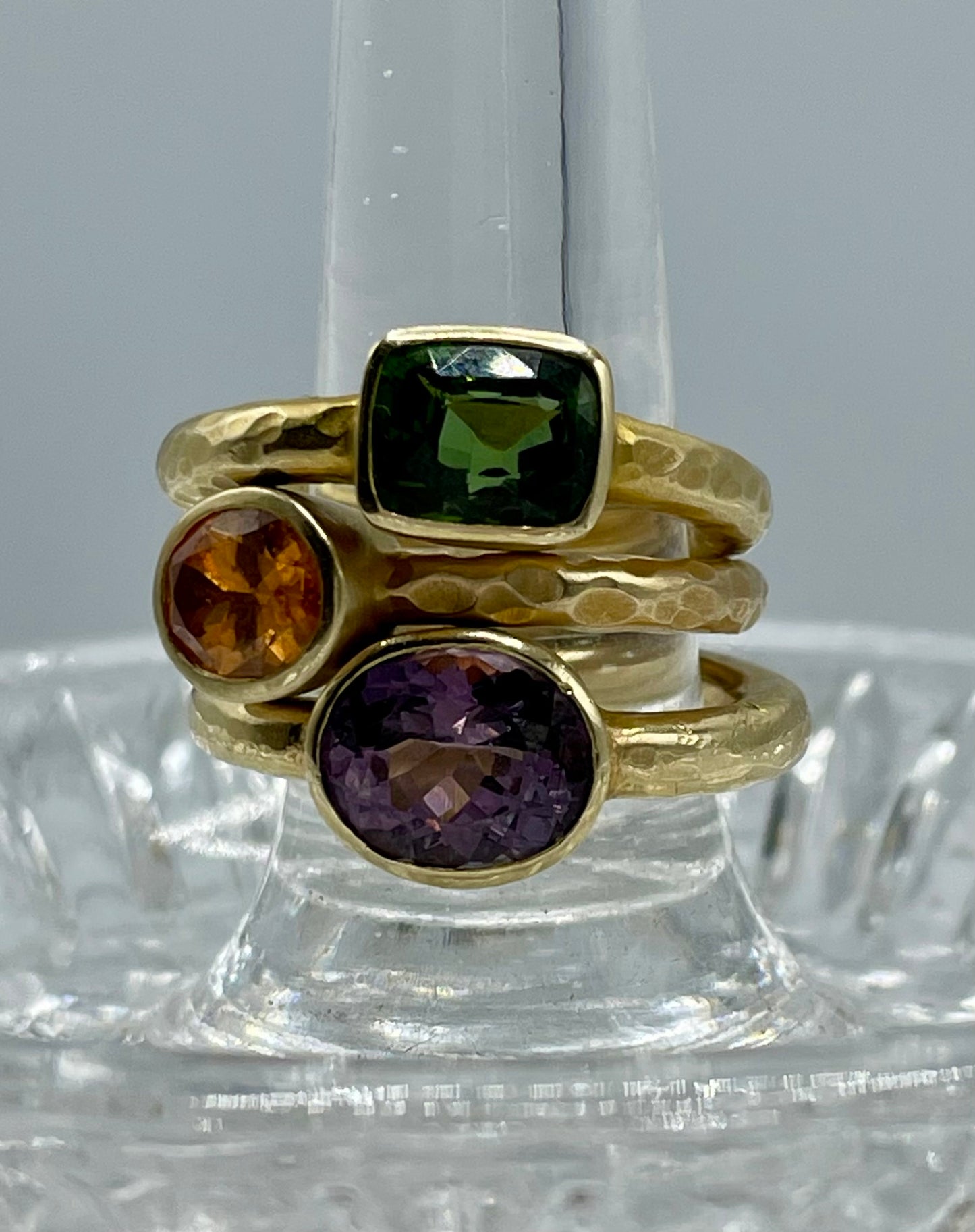 Rebecca Brenner Jewelry  ~  14K Hammered Gold Ring with Bezel Set Green Tourmaline