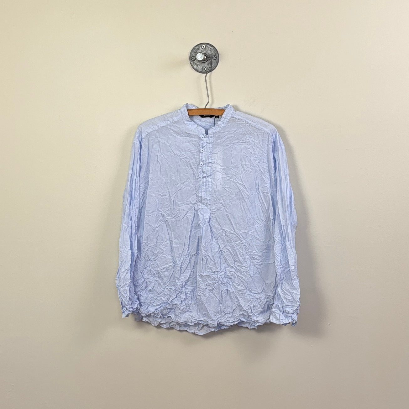 Pas de Calais  ~  Washed Cotton Crinkle Stand Collar Shirt - Saxe Blue