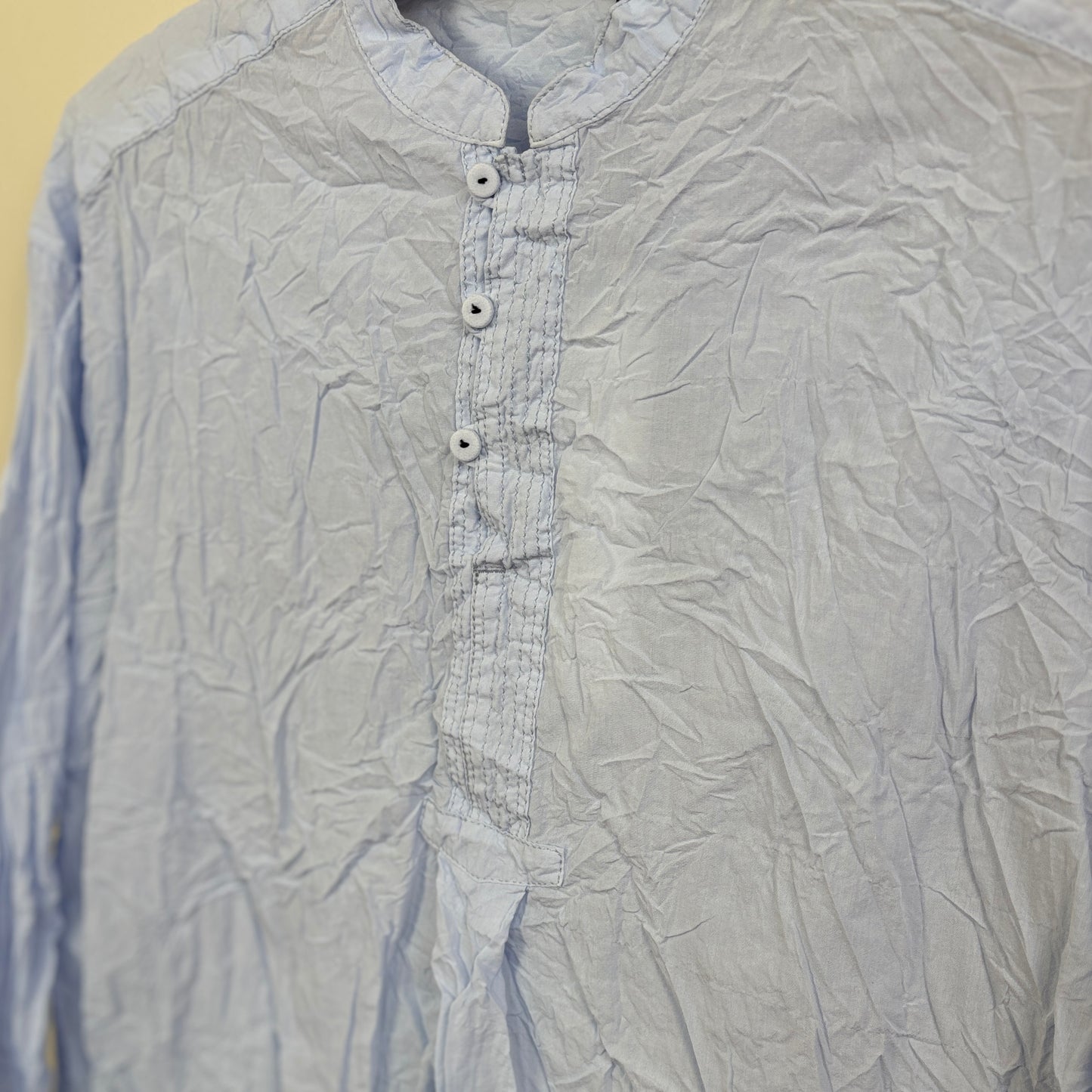 Pas de Calais  ~  Washed Cotton Crinkle Stand Collar Shirt - Saxe Blue