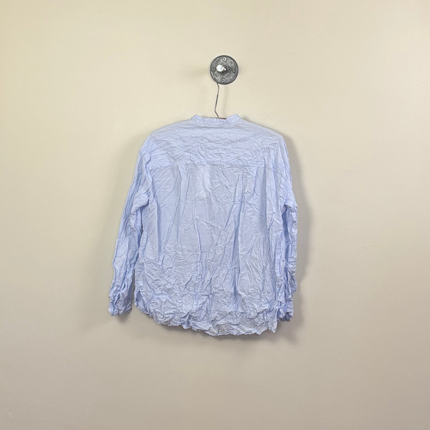 Pas de Calais  ~  Washed Cotton Crinkle Stand Collar Shirt - Saxe Blue