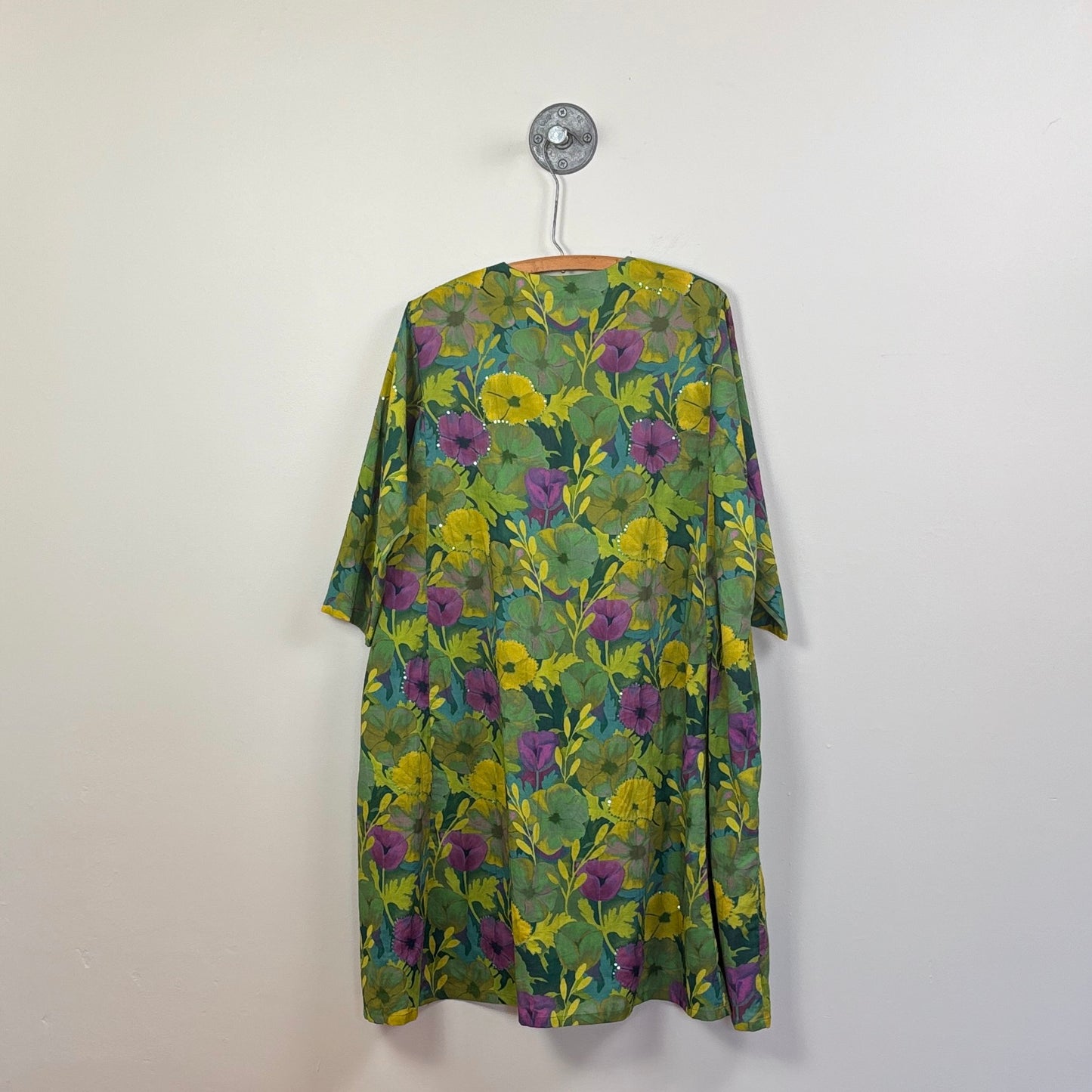 Neeru Kumar  ~  Round Neck Front Tuck Dress w/ Sequins - Green Multi Floral
